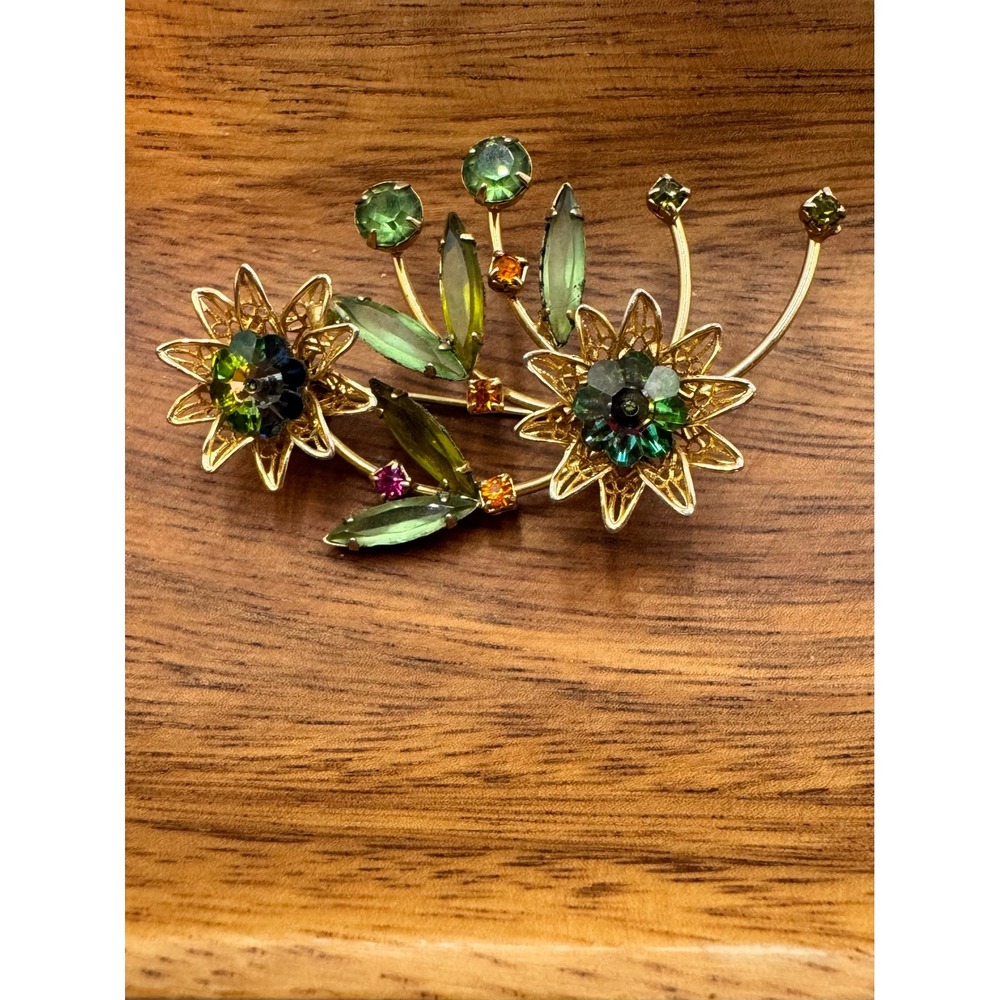 Vintage Gold Tone Floral Spray Brooch Green Rhinestone Filigree Flower Pin